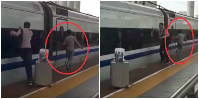 Chinese Man Desperately Runs Along Train Because His Finger is Stuck in the Door