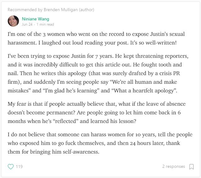 Justin Caldbeck Niniane Wang Response