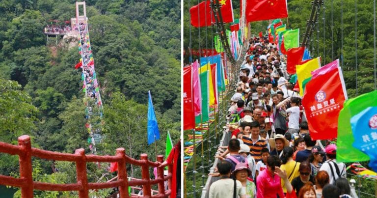 10,000 Chinese Tourists Flood Glass Bridge During Free Admission Weekend