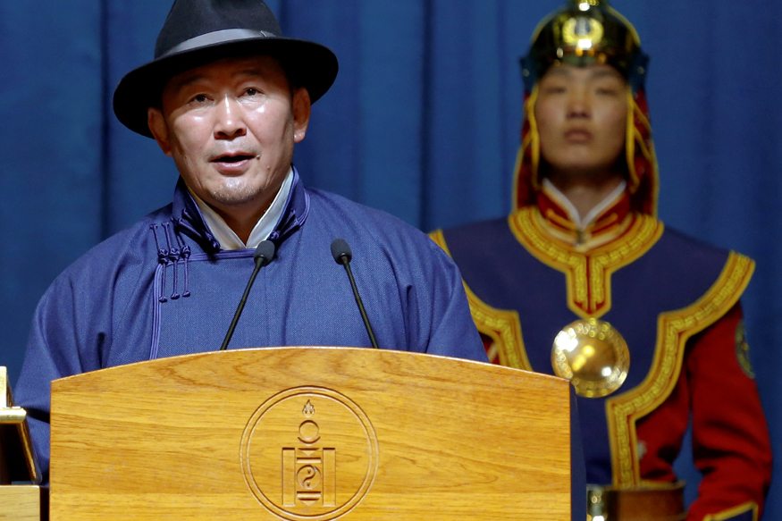 New Mongolia's president Khaltmaa Battulga speaks during his inauguration ceremony in Ulaanbaatar