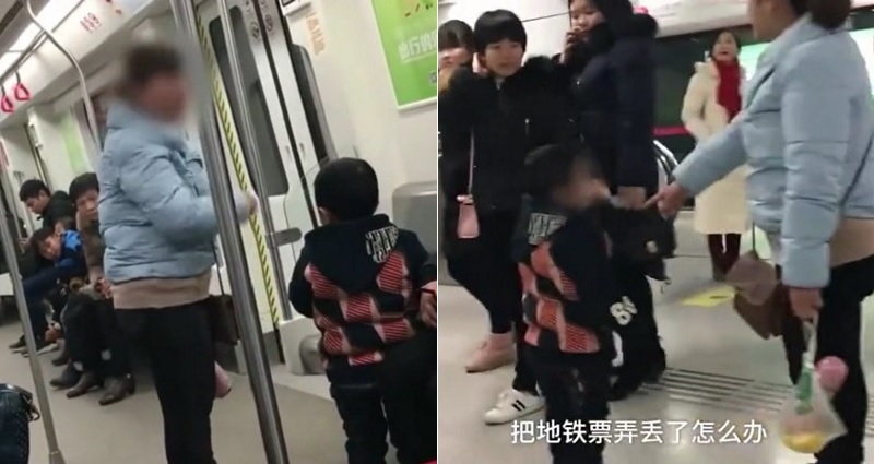 chinese mom hitting her son on train after losing ticket