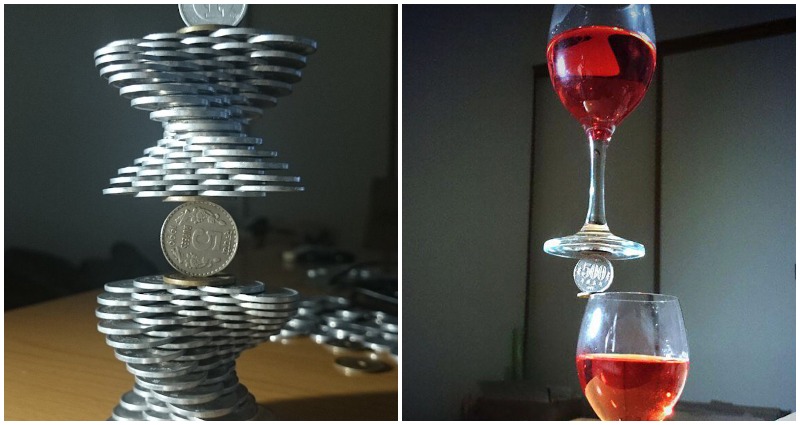 japanese coin stacker creates gravity-defying structures