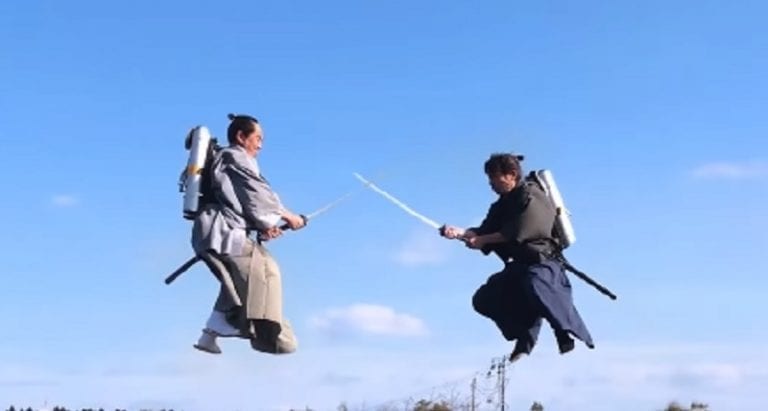 Two Samurais Fighting With Katanas in Mid-Air Using Jetpacks is All You Need Today