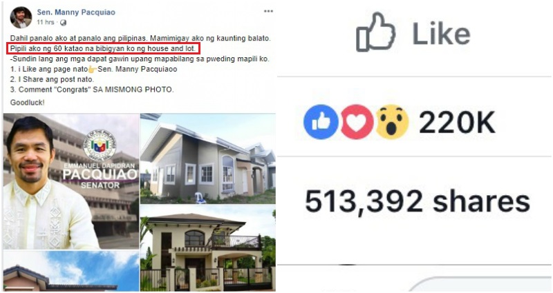 Fake ‘Manny Pacquiao’ Facebook Page Promising 60 Free Houses Goes Viral in the Philippines