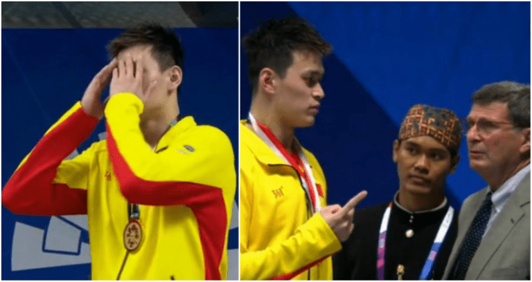 Chinese Olympic Swimmer Demands Replay of National Anthem After Chinese Flag Falls Down