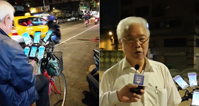 Elderly Taiwanese ‘Pokémon Go’ Fan Plays With 9 Smartphones Strapped to His Bike
