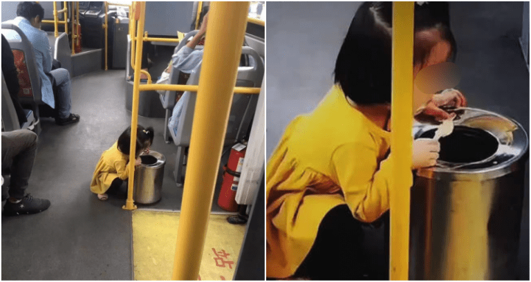 Extremely Polite Toddler Eats Her Popsicle Over a Garbage Can While on the Bus