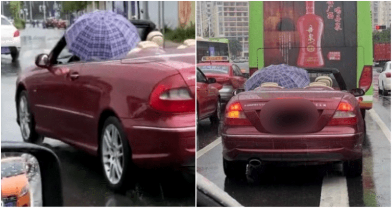 Mercedes Driver in China Uses an Umbrella to Stay Dry in a Convertible