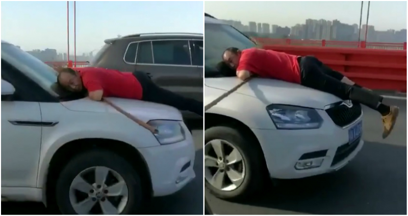Woman Drives 8 Miles With Street Cleaner on the Hood of Her Car After She Broke His Broom