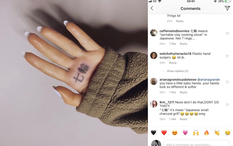 Ariana Grande Misspelled Japanese Hand Tattoo  Ariana Grande Misspelled  Hand Tattoo Twitter Reactions