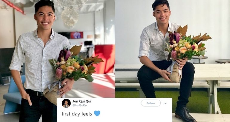 Man Has Hilarious First Day at Work When He Thinks Flowers Were For Him. They Were Not.