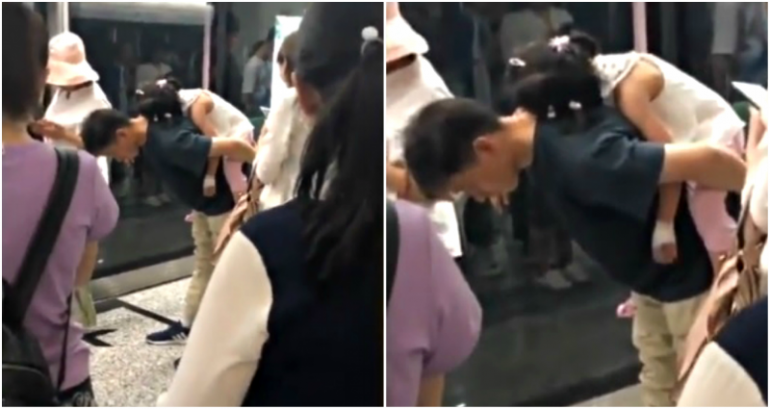 Dad Hunches Over So Daughter Can Sleep on His Back