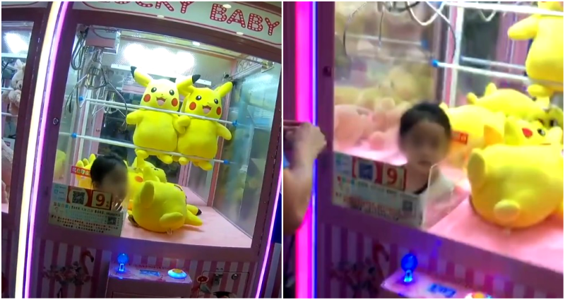 Girl Gets Trapped Inside Claw Machine Reaching for Pikachu Doll