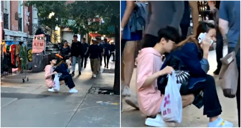 Man Turns Himself Into ‘Chair’ for Girlfriend on Busy Sidewalk