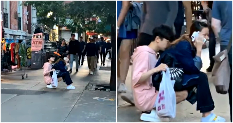 Man Turns Himself Into ‘Chair’ for Girlfriend on Busy Sidewalk