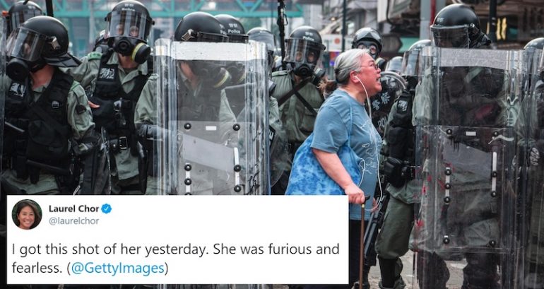 Brave Granny Confronts Hong Kong Police to Protect young Protesters