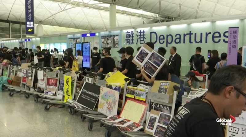 Travelers hoping to leave Hong Kong remained stuck in the city as departure flights were canceled for a second consecutive day amid escalating protests against the government.