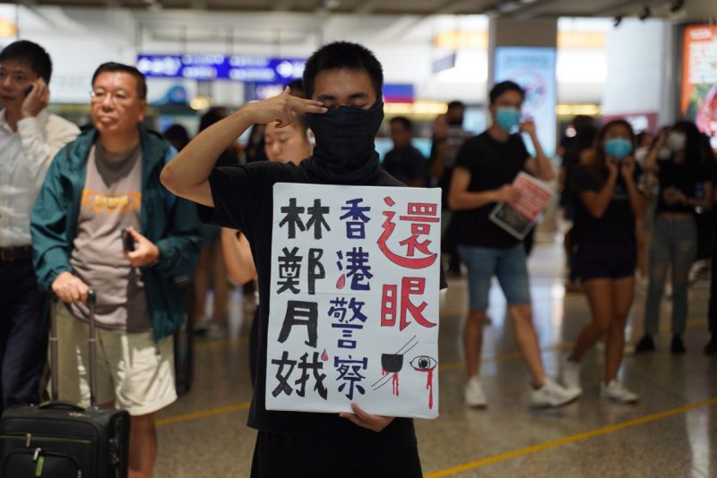 A police officer shot pepper balls point-blank at a group of protesters in Hong Kong over the weekend.