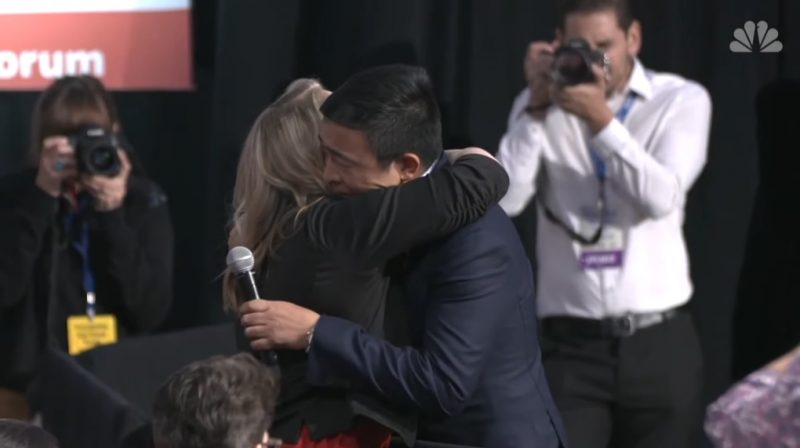 Andrew Yang broke down in tears at a gun laws forum in Iowa on Saturday while addressing a woman who lost her daughter to a stray bullet.