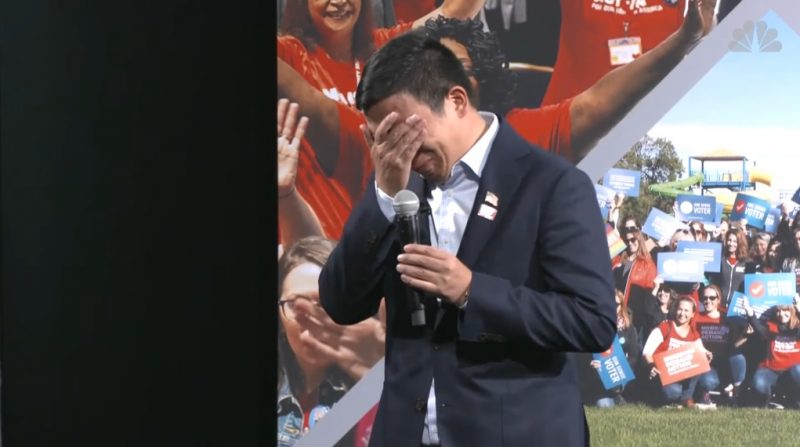 Andrew Yang broke down in tears at a gun laws forum in Iowa on Saturday while addressing a woman who lost her daughter to a stray bullet.