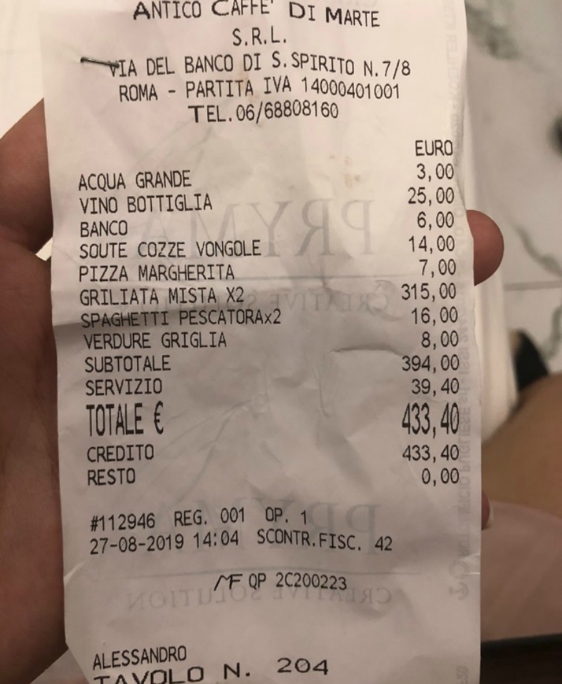 A restaurant in Rome is being lambasted on the internet after slapping a pair of Japanese diners with a 430-euro ($471) bill for a relatively simple meal they had early last month.