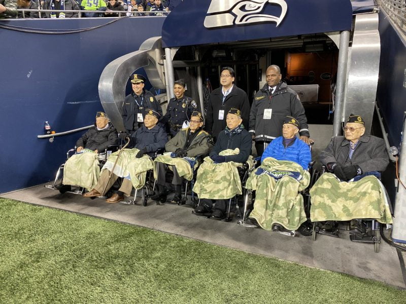 Six Chinese American World War II veterans were honored by the Seattle Seahawks in a game against the Minnesota Vikings (37-30) on Dec. 2.