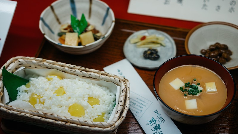 Replica of a Japanese meal, side dishes, rice, miso soup