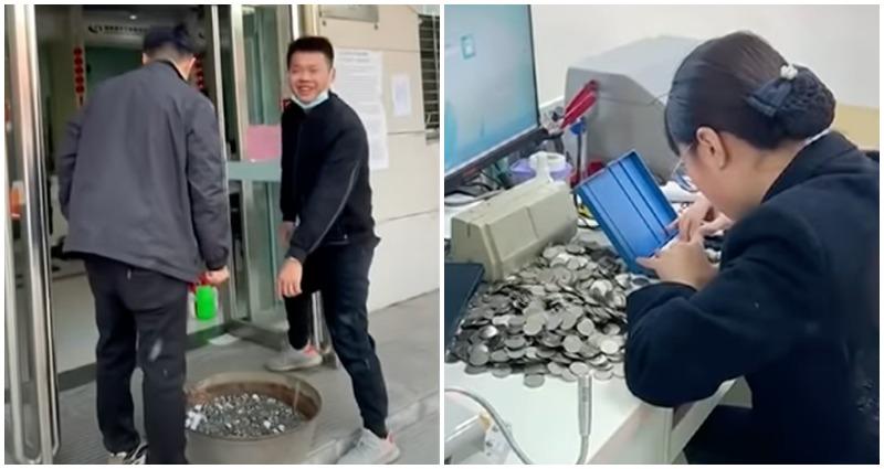 A man and his friend gave two Chinese banks a major headache after bringing in a bucket with 9,999 coins.