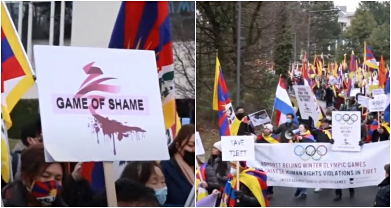 Tibetans protest ‘Beijing Olympics: genocide Games’ outside IOC headquarters and Dalai Llama exile home