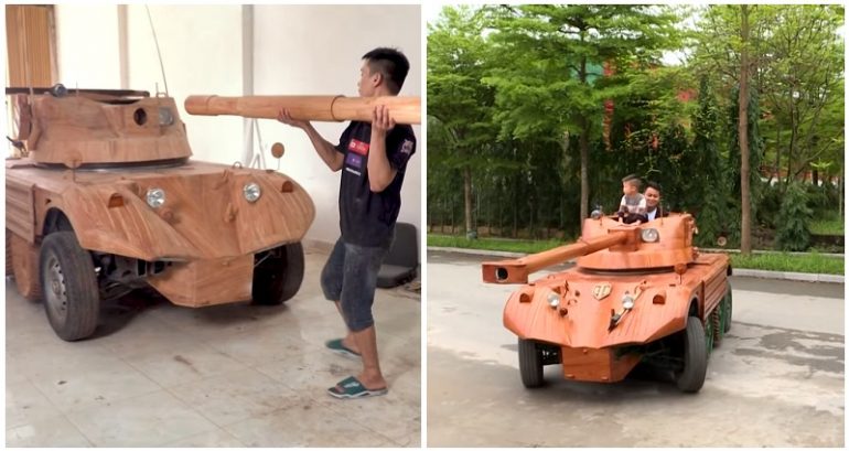 Vietnamese father spends $11,000 to convert old van into French wooden tank for his son
