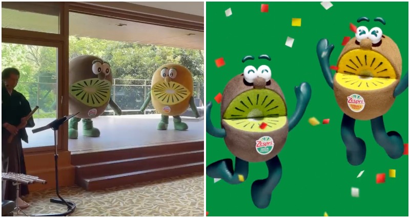 New Zealand prime minister welcomed to Japan by giant kiwifruits dancing to sad music