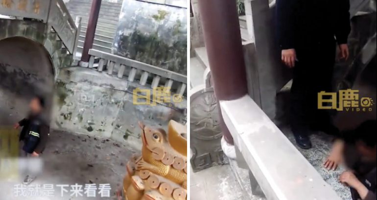 Chinese monks call police to rescue man trapped inside wishing pool while trying to take coins