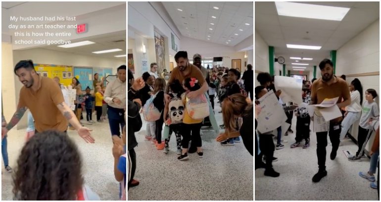 Elementary school students shower art teacher with goodbye hugs, drawings on his last day in viral TikTok