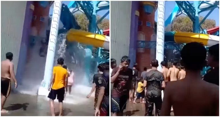 Video captures people crashing to the ground as water slide collapses at Indonesian amusement park
