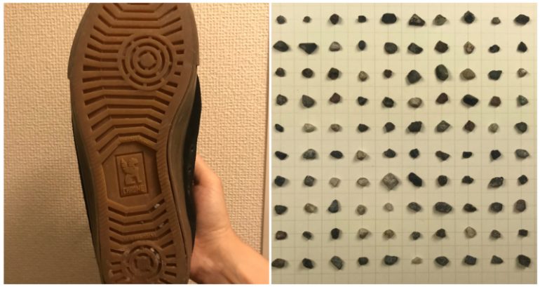 Japanese man collects pebbles stuck to his shoes from a year’s worth of walks to convenience store