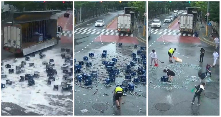 Strangers gather one by one to help clean 2,000 bottles of beer spilled on S Korean road in viral video