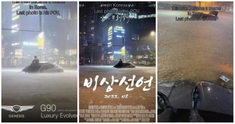 Man stuck on top of car during Seoul flooding becomes meme in South Korea