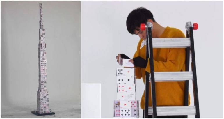 Chinese man sets world record with 50-story house of cards built in 5 hours