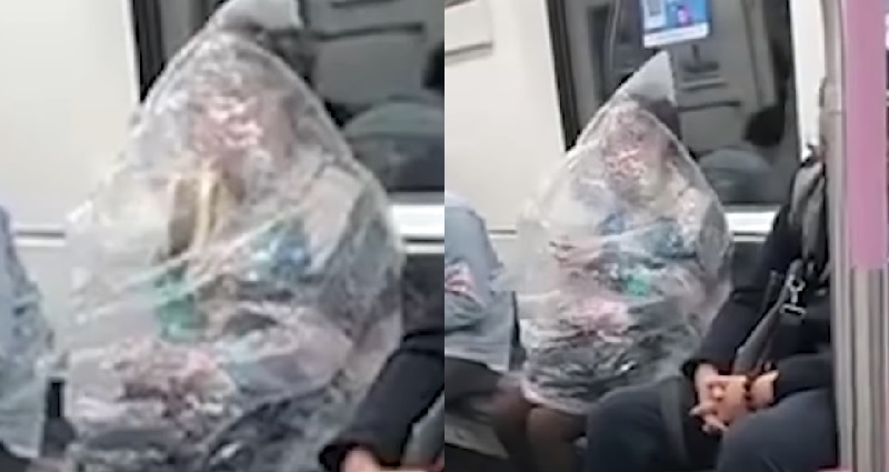 woman in plastic bag