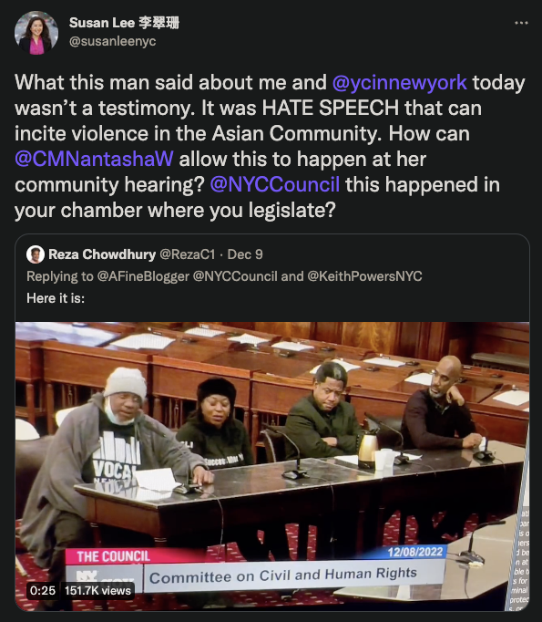 Susan Lee's tweet about the anti-Asian rant in New York City's City Hall