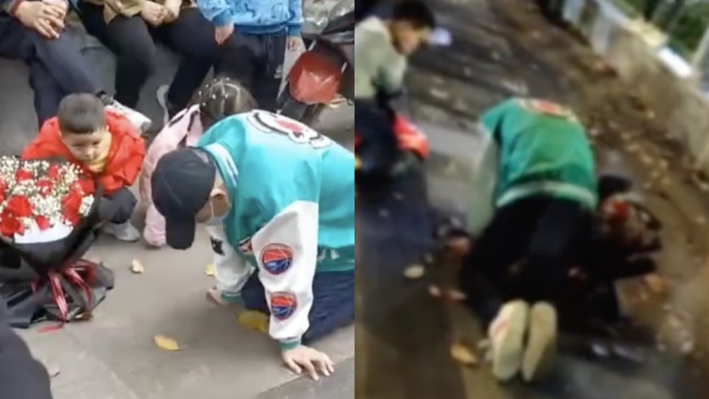 Kneeling man in China