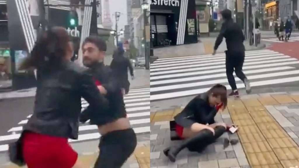 Japanese woman and Charlie Evan in footage of the assault