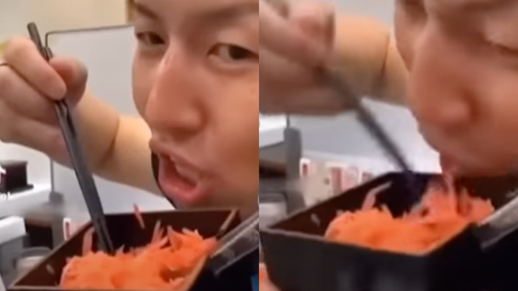 Japanese prankster eating directly from communal ginger container