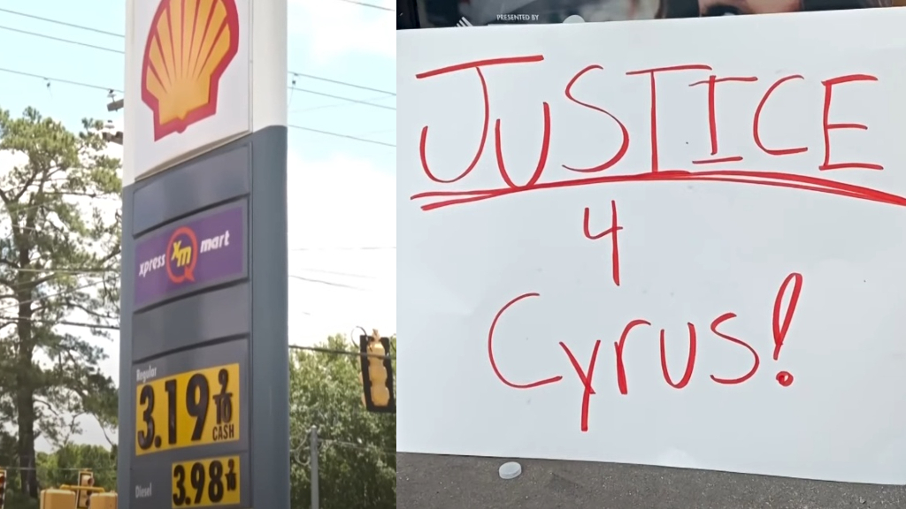 Shell gas station sign, protestor sign that reads "JUSTICE 4 Cyrus!"