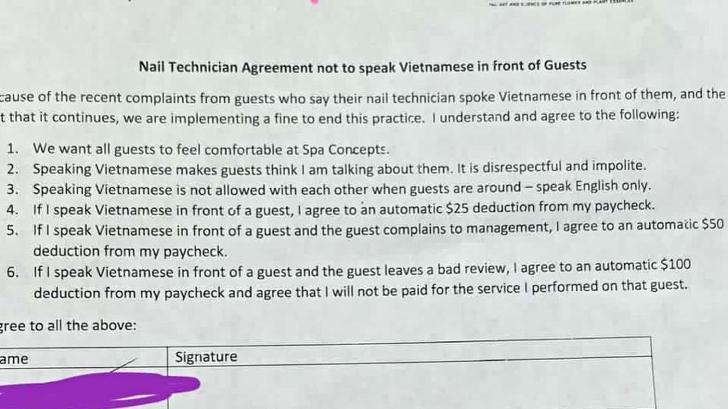 Nail spa bans staff from speaking Vietnamese in front of customers, docks up to $100 from pay - Vimarsana News