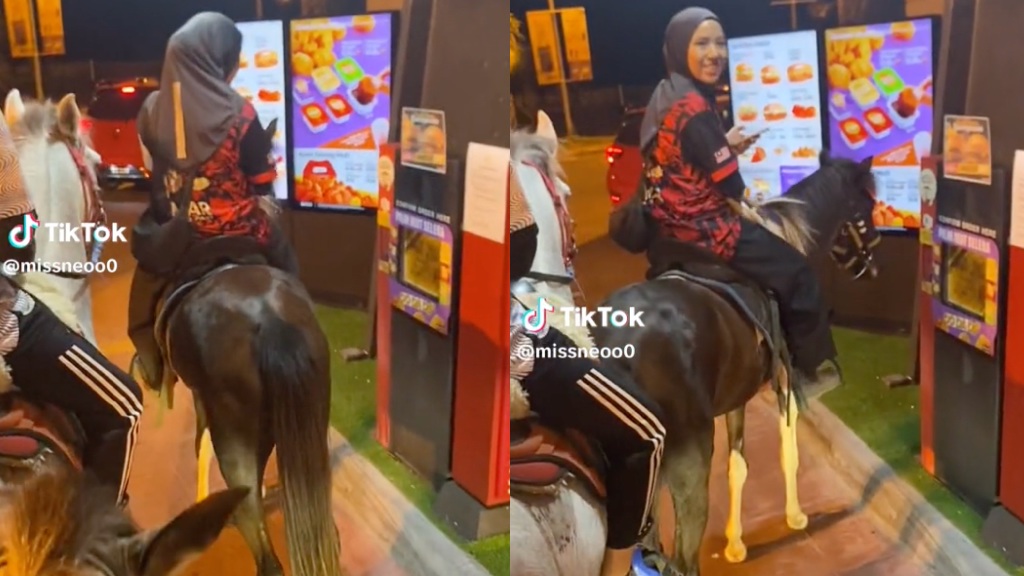 Malaysian girls ride horses to McDonald's