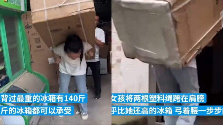 Young Chinese woman delivers fridges on her back to customers to help disabled father