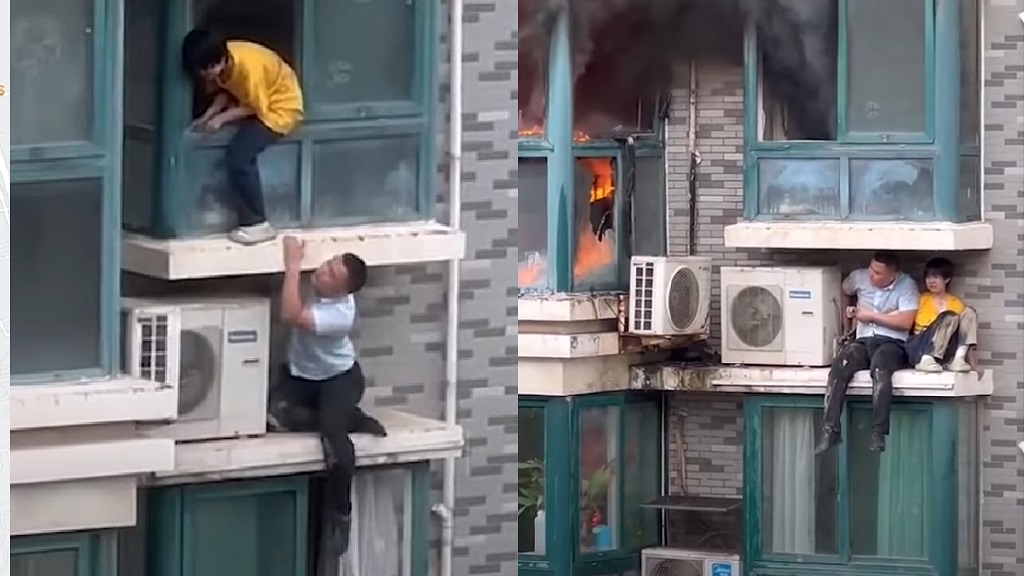 Watch: Chinese man risks life to save young neighbor from fire