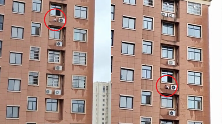 Child plays hide-and-seek on ledge of high-rise building in China in shocking video