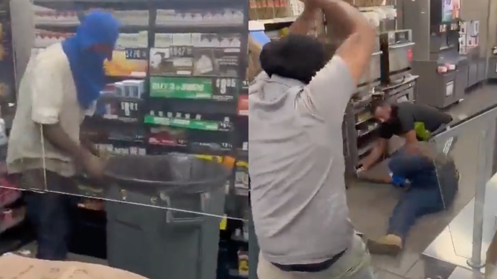 Robber, Sikh store owner beating robber while an employee holds them down